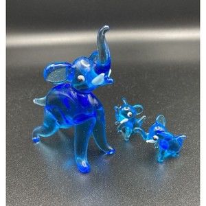 Vintage MCM Glass Elephant Family Figurines Blue Set of 3 Murano Style Mom Baby